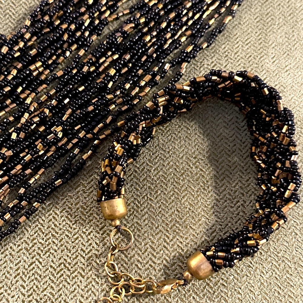 Jewelry Set - Black Beaded Bracelet / Necklace - multi strand - bronze gold